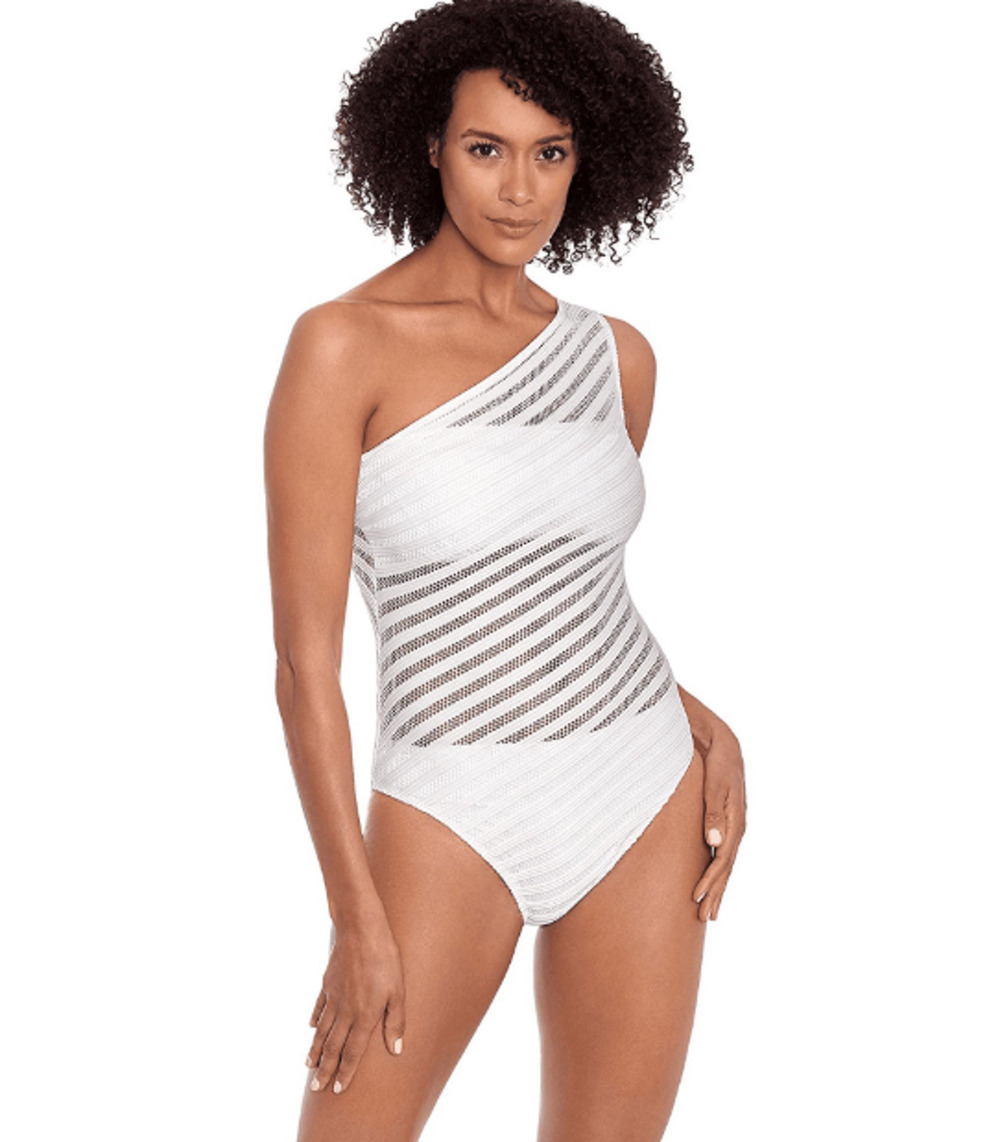 RALPH LAUREN Ottoman Mesh One-Piece Swimsuit Size 12 White One Shoulder NWT